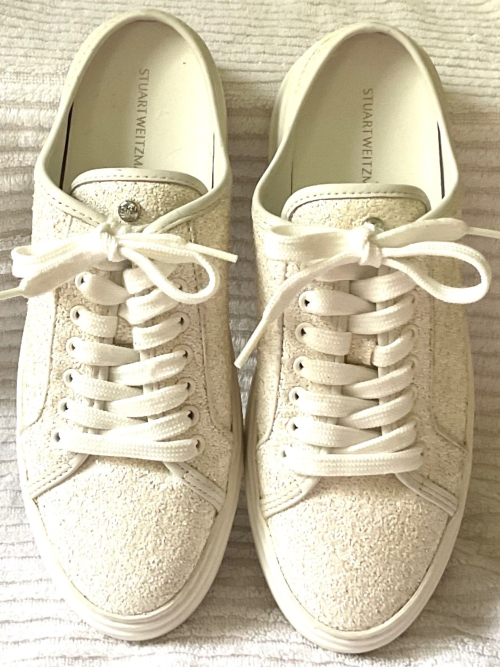 Stuart Weitzman White Glitter Skater Lace-Up Backless Sneaker Slides Sz 6.5B